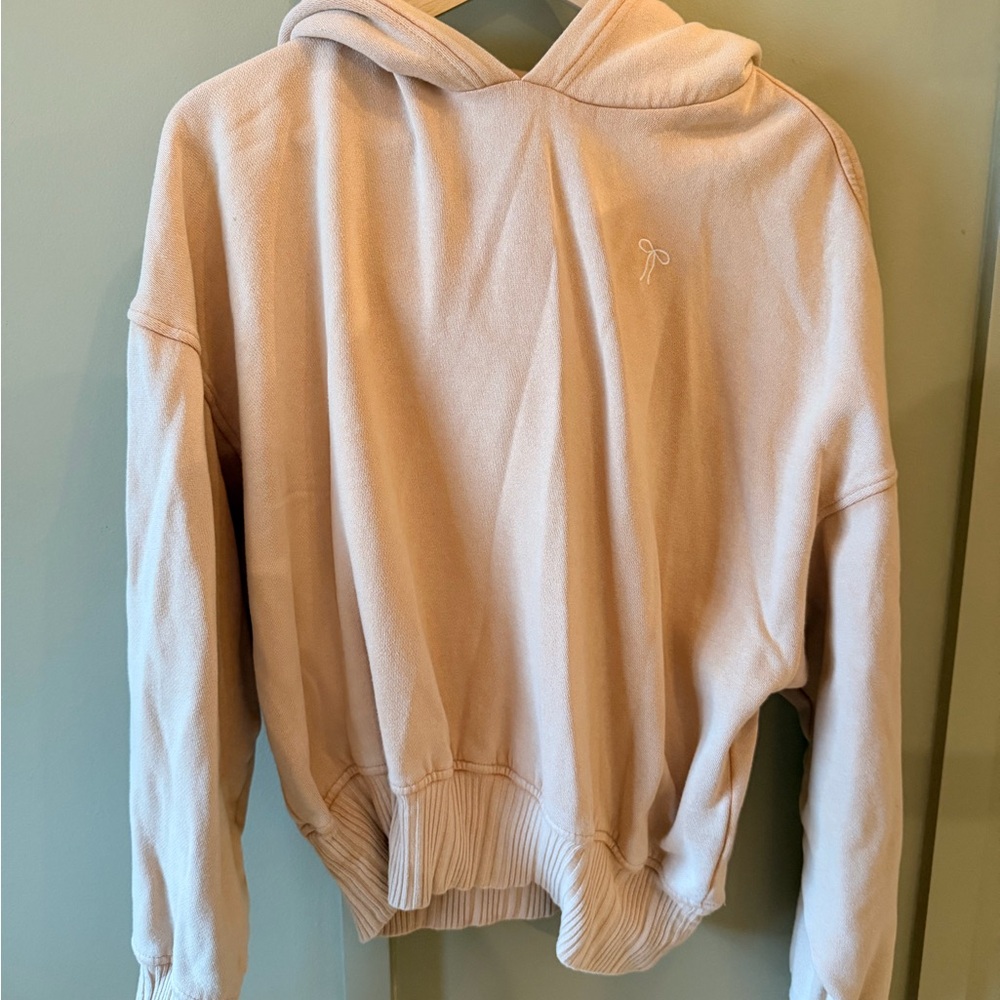 American Eagle Hoodie with Bow Logo Size Large Light Pink Cropped Sweatshirt